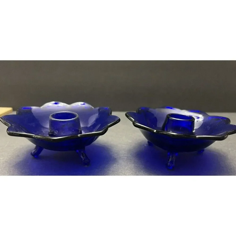 Vintage Fenton Cobalt Blue Glass Lotus Footed Candlestick Holders – Set of 2